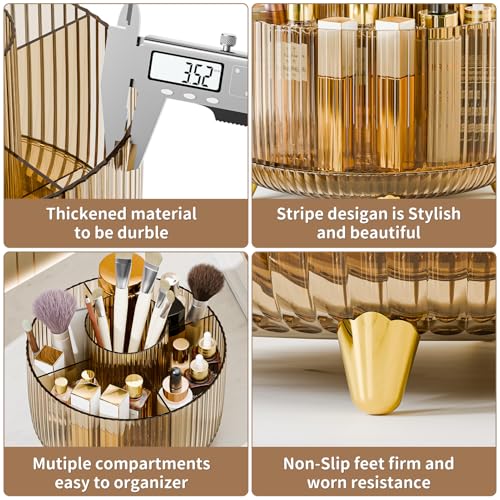 Clear Rotating Makeup Organizer Countertop for Vanity, 360° Makeup Brush Holder Organizer with 5 Compartments, Transparent Cosmetic Storage for Lipstick, Skincare, Bathroom Counter (Transparent Amber) - color: Transparent Amber