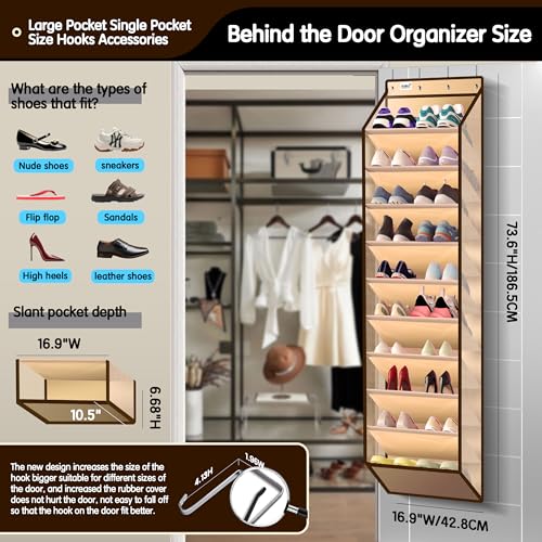 Kotkn 10 Tier Over The Door Organizer - Heavy Duty Hanging Storage Rack with Sturdy Oxford Fabric, Holds 20+ Pairs of Footwear, Boots & Sneakers, Saves 50% Closet Space(Beige) - color: 10-cell Beige