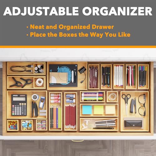 SpaceAid 21-Piece Bamboo Drawer Organizer Storage Boxes Set, Wood Tray Junk Drawer Organizers Multi-Use Divider Bins for Kitchen, Bathroom, Office Desk and Makeup Organization (21 Pack, Natural) - color: Natural