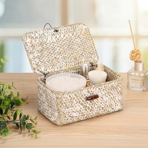 Hipiwe Mini Seagrass Basket with Lid Decorative Shelf Basket Box Multipurpose Desktop Organizer, Whitewash 7.0" x 4.3" x 3.3" - color: Whitewash color, size: 7.0" x 4.3" x 3.3"