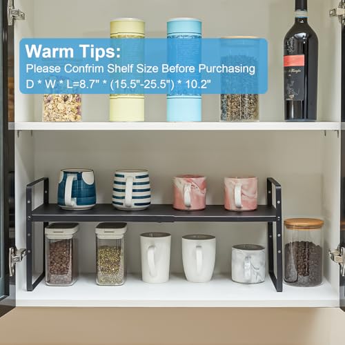 15.5 to 25.5 Inch Kitchen Cabinet Shelf Organizers, Adjustable Kitchen Counter Shelf Organizer, Set of 3 Expandable Countertop Storage Shelves, Stackable Design, 30LBS Heavy Duty, Space Saver - color: Black, size: 3 Pack:15.5"-25.5"Long