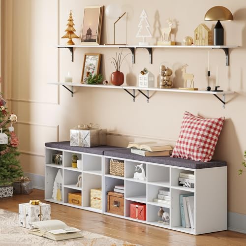 DINZI LVJ Shoe Storage Bench with Cushion, Cubby Shoe Rack with 12 Cubbies, Adjustable Shelves, Multifunctional Shoe Organizer Bench for Entryway, Mudroom, Hallway, Closet and Garage, White - color: White, size: 12 Cubby