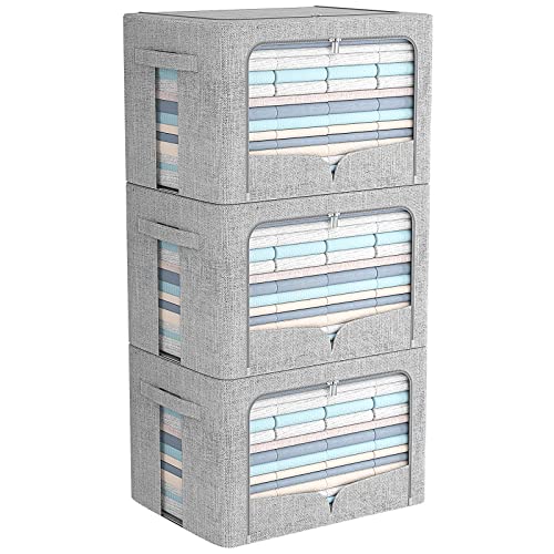 FHSQX 3 Pack Clothes Storage Bins Foldable Metal Frame Storage Box Stackable Linen Fabric Organizer Set with Carrying Handles and Clear Window (Light Gray, 15.7x11.8x11.8inch(36L)) - color: Light Gray, size: 15.7x11.8x11.8inch(36L)