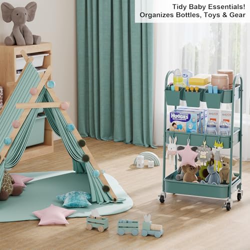 3 Tier Green Metal Rolling Cart with Lockable Wheels and Handle, 3 Tiered Utility Storage Organizer Carts for Teachers, Arts, Craft, Snack, Book, Bedside, Nursery, Cleaning Supplies, Easy Assembly - color: Elegant Green, size: 3 tier