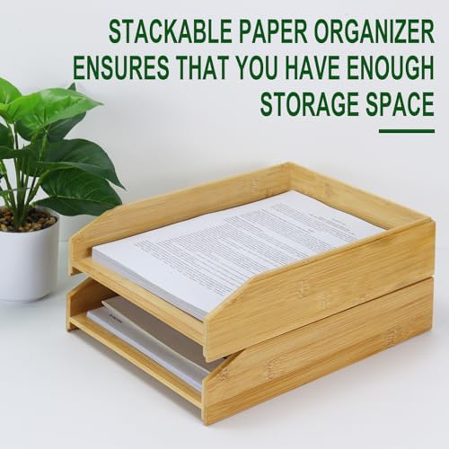 MultiBey A4 Bamboo Stackable Paper Tray 2-Pack, 2-Tier Anti-Toppling Desk Organizer, Wooden Letter Document Magazine Tray Desktop File Folder Holder for Office & Home Supplies
