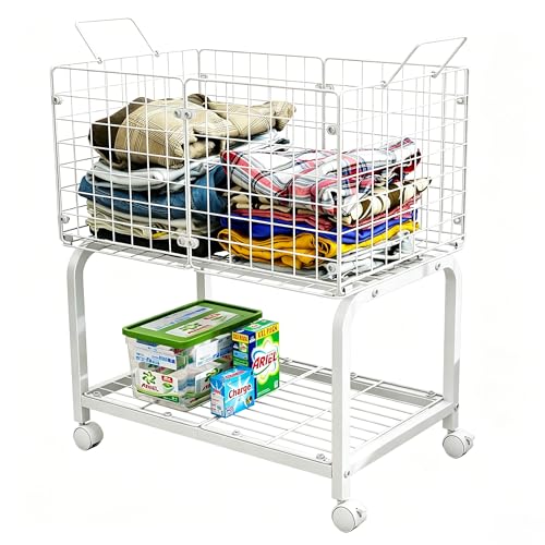 2-Tier Rolling Laundry Basket Cart with Wheels,Bathroom Laundry Hamper Cart with Handle and Divider,Multi-Purpose Storage Organizer for Laundry Room, Bathroom, Kitchen, Bedroom