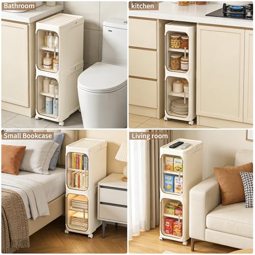 LXLXXL Narrow Storage Cabinet Slim Bathroom Storage Cabinet with Movable Wheels Tall Bathroom Organizer Skinny Cabinet for Small Spaces，2-Tier Beige - color: Beige, size: 2-Tier