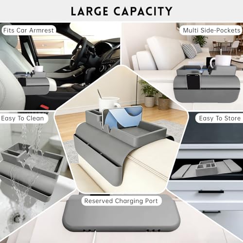 2Pcs Couch Cup Holder Tray, Couch Arm Cup Holder, Large Anti-Slip Couch Cups Holder with Side Pocket, Silicone Sofa Armrest Organizer for Snacks/Remote/Phone/Fruit, Gift for Holiday - color: Grey