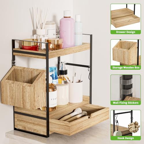 2-Tier Bathroom Counter Organizer with Drawer and Basket, Wood Countertop Organizer for Storage, Skincare Organizers for Vanity, Counter Shelf for Bathroom Organization - color: Light Brown