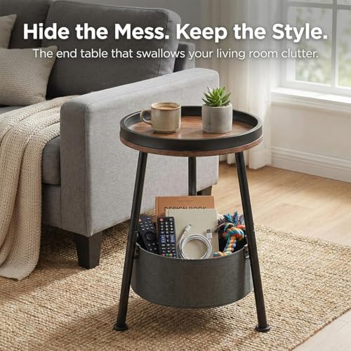LEMONDA Small Round Side Table with Storage Basket, 11.8" Compact End Table with Tray Top & Fabric Bin, Rustic Wood Bedside Nightstand for Living Room, Bedroom, Small Spaces - color: Rustic Brown