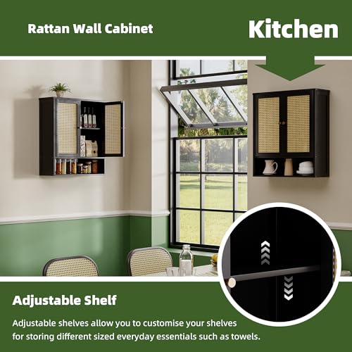 Bathroom Wall Cabinet, Bamboo Over-The-Toilet Storage Organizer with 2 Rattan Doors and Adjustable Shelf, Space Saver Medicine Cabinet for Laundry, Kitchen, Living Room (Black) - color: Black