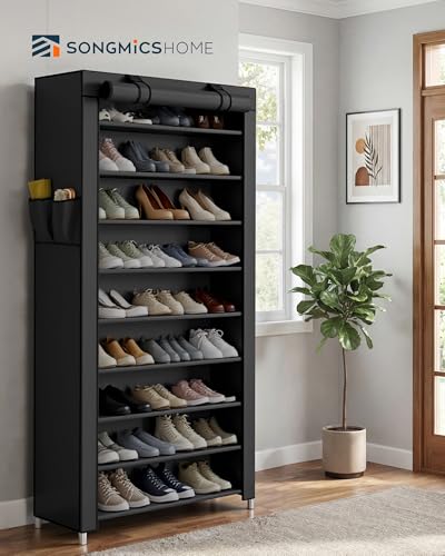 SONGMICS HOME Shoe Rack 10-Tier, Tall Narrow Metal Shoe Organizer with Dust Cover, 11.2 x 33.3 x 63.2 Inches, Vertical Storage Cabinet for Closet Entryway, Black - color: Black, size: 10 Tiers (33.3"W)