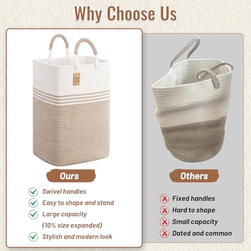 Laundry Basket Hamper,Blanket Storage,Dirty Clothes Hamper with Swivel Handles,Woven Cotton Rope Toy Baskets,Blanket Basket Living Room,Decorative Hampers for Nursery,Bedroom,White & Linen,60L - color: White & Linen, size: 60L