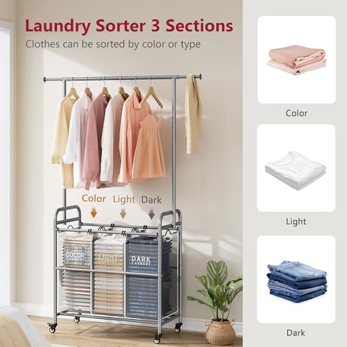 Tajsoon Laundry Sorter with Hanging Bar, 3 Section Rolling Laundry Hamper with Heavy Duty Lockable Wheels, Laundry Basket with Hanging Rack for Bedroom, 3 Gray - color: Gray, size: 3 bag