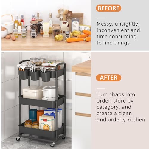 JIUYOTREE 3-Tier Plastic Rolling Storage Cart Utility Cart with Extra Hanging Cups Handles Lockable Wheels for Living Room Bathroom Kitchen Office Black - color: Black, size: 3-Tier