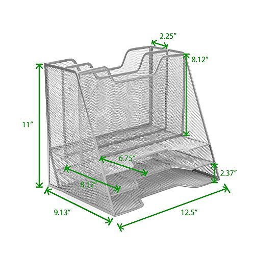 Mind Reader Metal Mesh Desktop File Organizer, 3-Tier Paper Tray with 5 Compartments, Office Mail Sorter, Silver - color: Silver