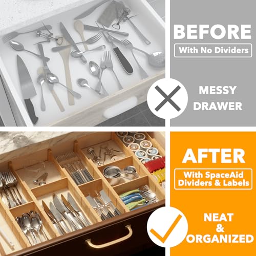 SpaceAid Bamboo Drawer Dividers with Inserts and Labels, Kitchen Adjustable Drawer Organizers, Expandable Organization for Home, Office, Dressers, 7 Dividers with 15 Inserts (17"-22" Natural) - color: NATURAL, size: 2.35''H, 17''-22''L, 7 Dividers