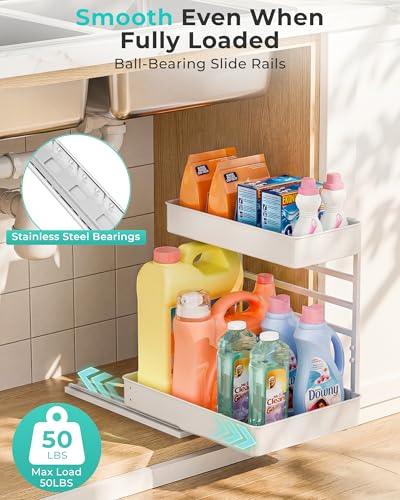EVERIE Height Adjustable 2 Tier Metal Pull Out Slide Shelf Organizer for Framed or Frameless Under Sink Cabinets in Kitchen, Bathroom, with Snap-on Top Tray (White, 2 Sets) - color: White, size: 2 Sets