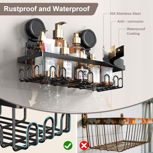 JOTPE Shower Caddy Suction Cup, Powerful Suction Storage Shelf Holds Up to 40 lbs, No Drilling Bathroom Organizer with Large Capacity, Removable & Reusable Shower Basket with Hooks, Rustproof, Black - color: black, size: Size: 1 x Medium