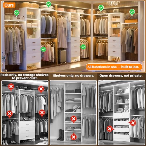 Armocity 96 Inches Closet System, 8FT Walk In Closet Organizer with 3 Shelving Towers, Heavy Duty Clothes Rack with 3 Drawers, Built-In Garment Rack, 96" L x 16" W x 75" H, Max Load 1000 LBS, White - color: White