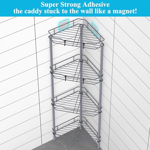 HuggieGems 4 Tier Floor Standing Corner Shower Caddy Organizer Shelf with Hooks, Bathroom Shelves Stand Rack, Dark Gray - color: Dark Gray, size: 4 Tier