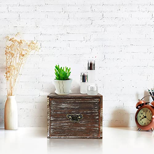 Office Desk Organizer with Drawers Dark Brown Vintage Square Wood Desktop Storage Box Workspace School Supplies Farmhouse Kitchen Countertop Makeup Storage bins for Home Toiletries Supplies Vanity…… - color: Dark Brown Style B Square