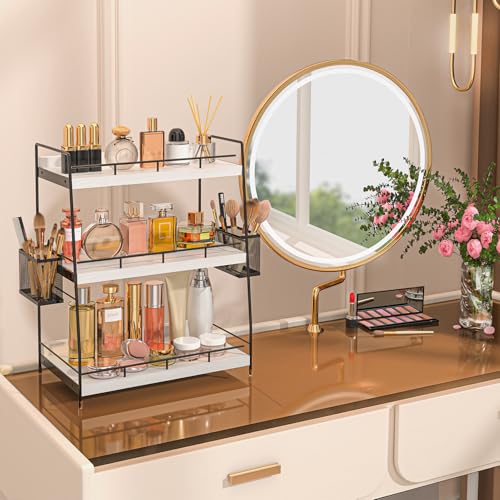 Bathroom Counter Organizer,Bathroom Countertop Organizer with Baskets,Vanity Organizers,Counter Shelf,Countertop Storage, Makeup Organizers(White) - color: White