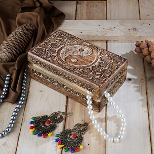 Ajuny Handcrafted Wooden Jewelry Box with Tai Chi Flower Carving – 8x5 Inch Treasure Chest for Keepsakes, Trinkets, Gifts, Decorative Storage Box for Men & Women, Home Organizer - style: Tai Chi