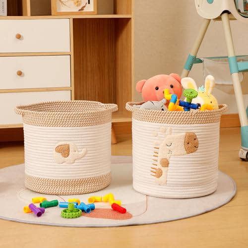 INough Toy Storage Baskets Woven Cotton Rope Storage Basket for Kids, Blanket Baskets for Living Room Toys Organizer with Embroidery Decor, Cute Baskets with Handle for Nursery, Playroom (Giraffe) - color: Giraffe, size: Medium