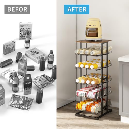 GILLAS 6 Tier with Wooden Top Water Bottle Storage with Wooden Tabletop,Metal Beverage Can Rack,Large Capacity Bottled Rack Water Bottle Holder Stand for Cabinet,Countertop Kitchen,Party,Black - size: 6 Tier With Wooden Top