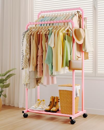 Sakugi Clothes Rack - Double Rods Clothing Rack with Mesh Shelf, Hooks & Wheels, Metal Clothing Racks for Hanging Clothes & Bags, Multifunctional Garment Rack for Laundry, Pink, 28.7" x 16.5" x 59.1" - color: Pink, size: Large 28.7"W x 16.5"D x 59.1"H