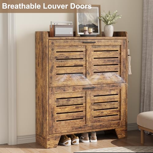 IDEALHOSUE Shoe Cabinet Storage for Entryway, Slim Shoe Storage Cabinet with 2 Flip Drawers, Freestanding Hidden Narrow Shoe Organizer Cabinet with Hooks for Entrance, Foyer, Hallway, Rustic Brown - color: Rustic Brown, size: 2-Drawers