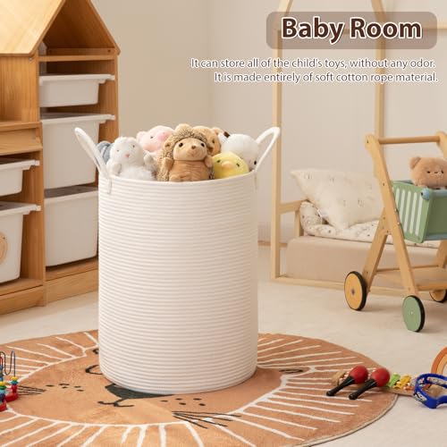 OIAHOMY Large Laundry Basket Hamper - 60L Cotton Rope Woven Basket for Blankets, Toys, Clothes - Tall Decorative Nursery Hamper with Long Handles, White - color: White, size: 60L
