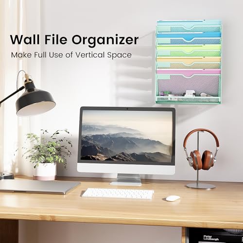 Hanging Wall File Organizer, 6-Tier Mint Green Desk Organizer with Metal Mesh, Foldable Document Organizer for Office Desk, Wall Mount Magazine Rack for Mail/Books/Tablet - color: Mint Green