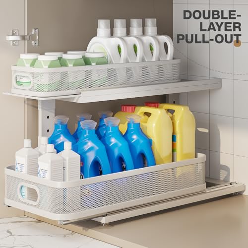 2 Pack 21IN-Depth Under Sink Organizer With Next-Gen Ball-Bearing Slides,2-Tier Precision Mesh Pull Out Cabinet Storage for Bathroom&Kitchen,Height Adjustable Drawers Shelf,Anti-rust-White - color: White, size: 2 Pack-21"Dx12.4"-16.5"H