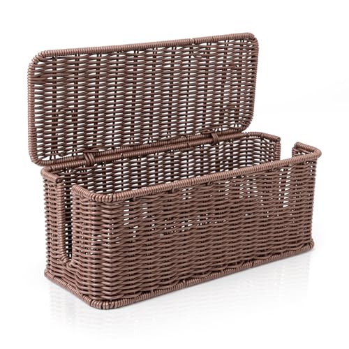 Cable Management Box, Handmade Rattan Cable Organizer with 2 Open Slots, Cord Hider for Power Strip, Router & USB Hub, Registered U.S. Design Patent (D1,112,102), 13" x 5.1" x 5.1", Brown - color: Brown, style: Rectangle