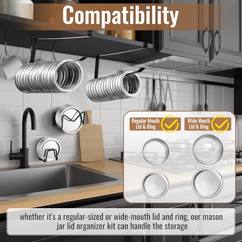 Dreyoo 4 Pack Mason Jar Lid Organizer, Canning Jar Lids Holder (2) & Canning Rings Holder (2), Suitable for Regular and Wide Mouth Space Saving Tumbler Organizer for Easy Cleaning and Drainage(Black) - color: Black