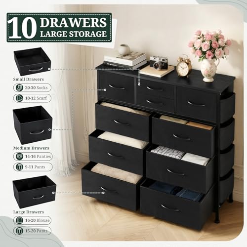 Dresser for Bedroom with Side Pockets and Hooks, 10 Drawers Storage Organizer Chest of Drawers, Sturdy Metal Frame for Living Room, Hallway, Closet, Black - color: Black