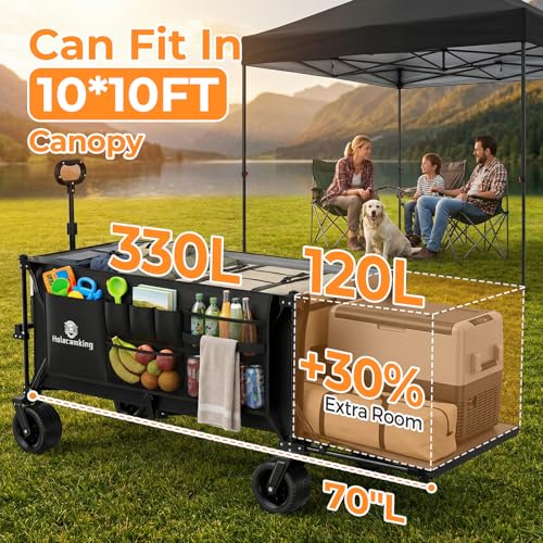 70”L Extender Collapsible Wagon, Extra Long Foldable Wagon Cart with Extended Tailgate, Heavy Duty Rolling Utility Cart with All-Terrain Big Wheels for Transport Sports Beach, Black - size: 360L