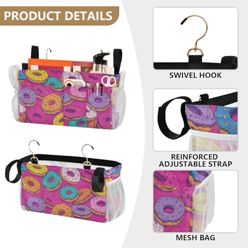 Bedside Caddy Hanging Bunk Bed Caddy Bed Organizer Hanging Pocket with 2 Hooks Bedside Storage Organizer Pocket Bag Holder Cute Donuts Colorful - color: Cute Donuts Colorful