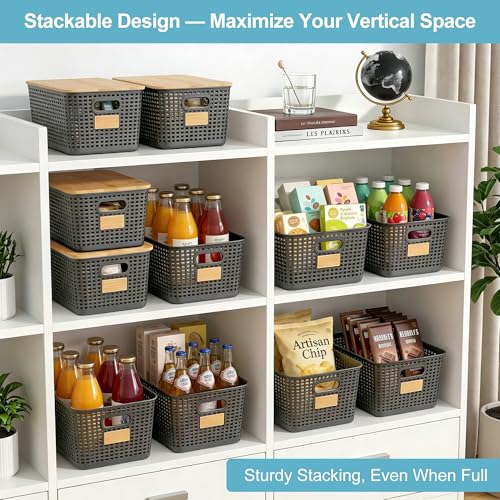 Bagnizer 2 Pack Tall Plastic Storage Bins with Bamboo Lids, 10.8qt Stackable Storages Baskets for Organizing Desktop Closet Playroom Classroom Office, 12"L x 8.3"W x 6.1"H, Gray - color: Gray, size: Tall- 2 Pack
