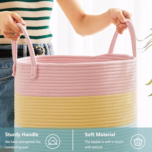 60L Laundry Hamper Basket for Baby Girls and Kids, Pastel Rainbow Unicorn Design, Woven Rope Nursery Basket for Blankets Toys in Playroom, 15Dx20H Inches Large Bedroom Hamper for Clothes - color: Pastel Rainbow, size: Large (60L)