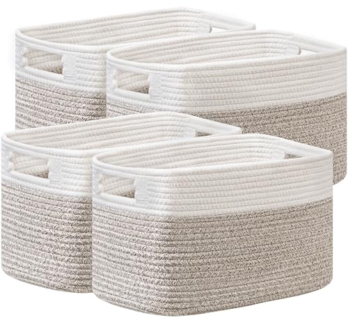 UBBCARE 4 Pack Storage Baskets for Organizing, Shelf Baskets with Handles, Woven Storage Baskets for Bookcase/Cube Shelf/Closet, 14.5"L x 9.8"W x 9"H, White&Light Brown - color: White&Light Brown, size: 4 Pack-14.5"(L)×9.8"(W)x9"(H)