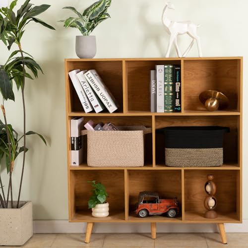 OIAHOMY Woven Storage Basket for Shelves, Rectangle Cotton Rope Baskets for Organizing, 13 x 10 x 9 in, Storage Bins for Dog Toys,Towel,Books,Gift,Black and Brown - color: Black and Brown, size: 13"x10"x9"