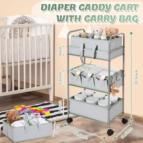 FoldTier 2in1 Colorful Baby Diaper Caddy Organizer Cart 3 Tier Large Capacity Metal Utility Bedside Rolling Cart with Divider for Newborn Nursery Essential Must Have Crib Bedroom Baby Shower(Green) - color: Green