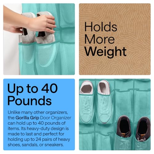 GORILLA GRIP Over the Door Shoe Organizer, 24 Large Breathable Mesh Pockets, Space Saving Hanging Storage Holder, Closet Rack Hanger Holds Up to 40 lbs, Hangs on Closets, Shoes, Accessories, Turquoise - color: Turquoise, size: 24 Pockets/4 Hooks