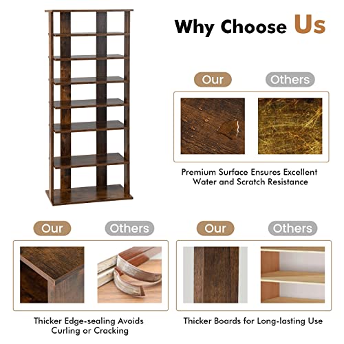 COSTWAY 7 Tiers Shoe Rack, Double Rows Vertical Tall Narrow Patented Shoe Organizer, Free Standing Shoe Rack for Small Space, Entryway, Closet, Living Room, Bedroom (Rustic Brown) - color: Rustic Brown