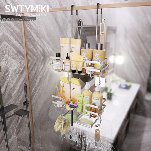 SWTYMIKI Over The Door Shower Caddy - Stainless Steel Hanging Shower Organizer With Soap Holder & 16 Hooks No Drilling Hanging Caddy Over Door To Organize Bathroom Essentials, Sand Nickel - color: Sand Nickel