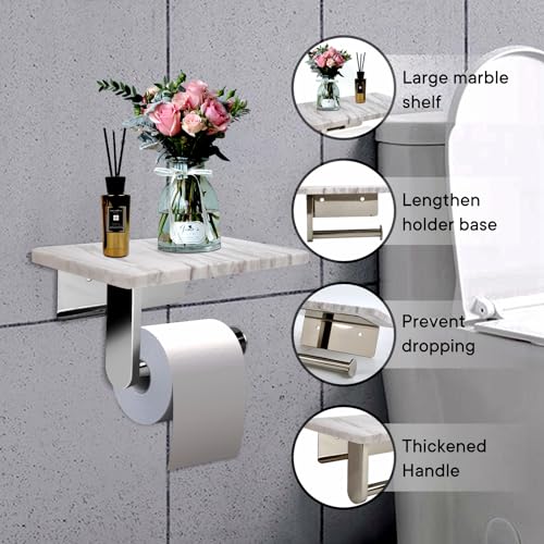 Toilet Paper Holder with Natural Marble Shelf for Bathroom Washroom,Wall Mounted Tissue Holder Suitable for Mega Roll (Brushed Nickel, Middle 7.87 * 4.72 in) - color: Brushed Nickel, size: Middle 7.87 * 4.72 in