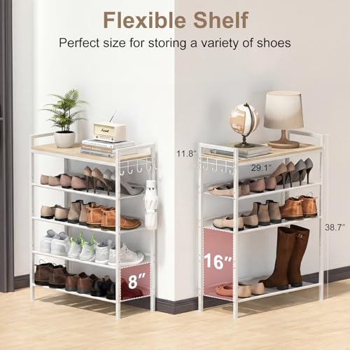 Refrze Shoe Rack for Front Door Entrance, 5 Tier Height-Adjustable Metal Shoe Rack, Sturdy Wooden Top and Tiltable Steel Frame Heavy Duty Shoe Organizer for Bathroom,Bedroom,Kitchen，Include Hook - color: Natural + White, size: 5-Tier (11.8"D x 29.1"Wx 38.